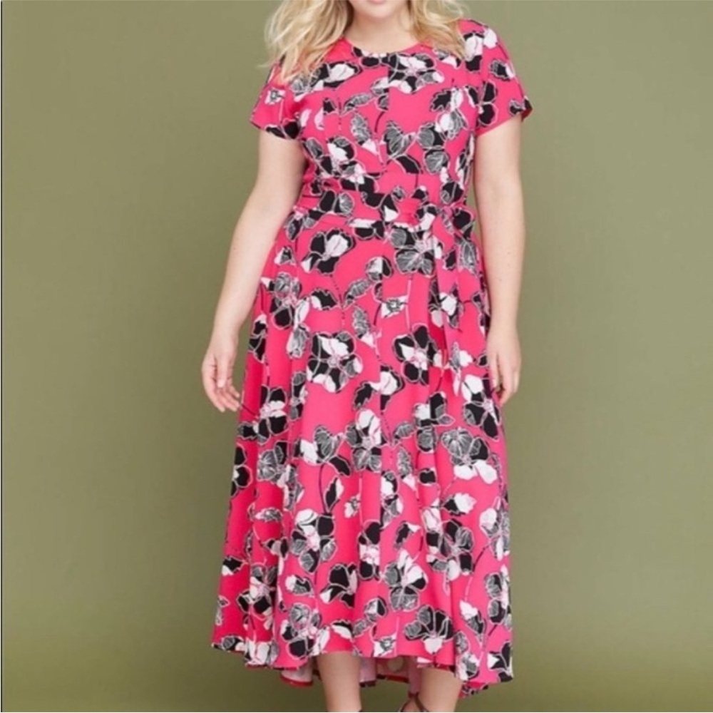 Lane Bryant Lena Vibrant bright Pink Floral Midi Dress high low sz 14 belted
